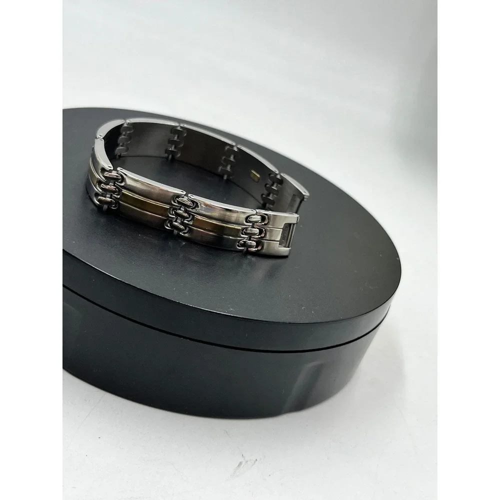 Designer Signed Stainless Steel and‎ 14K Yellow Gold Accents Bracelet
